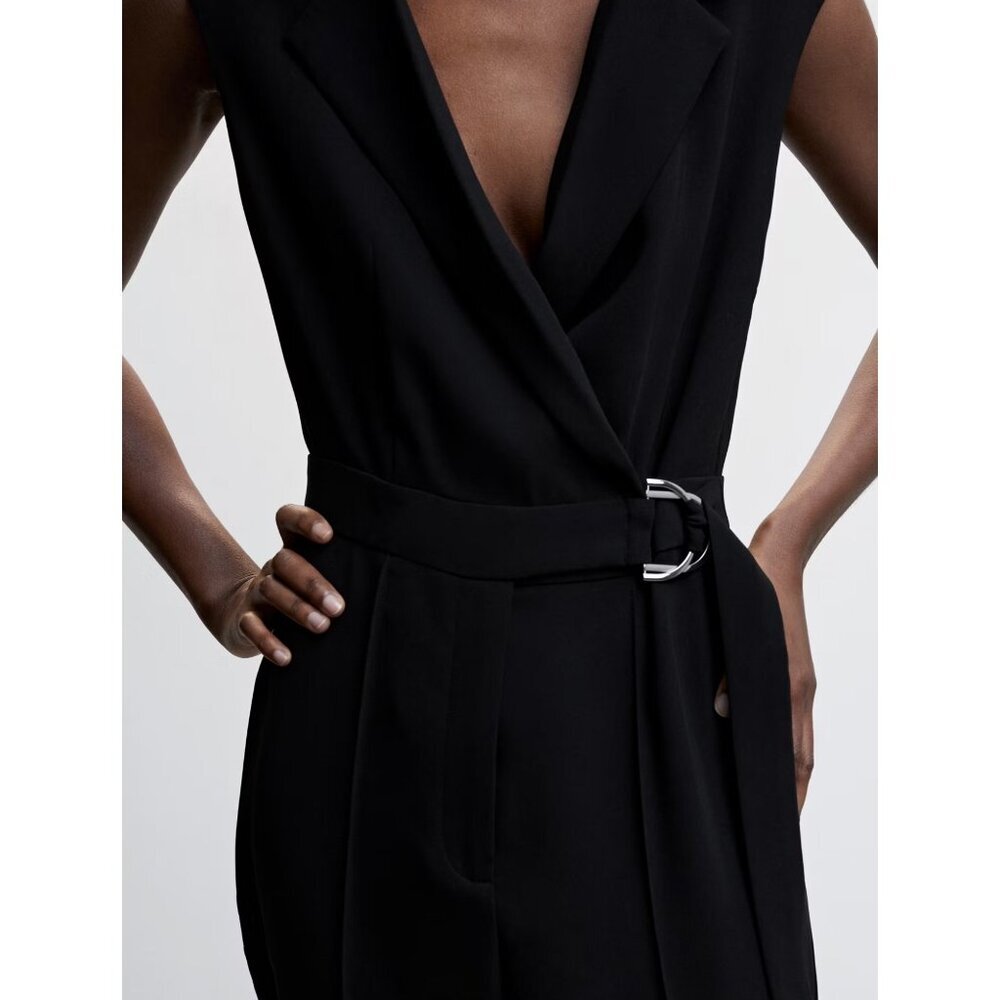 MNG‎ by Mango Black Sleeveless Belted Wrap Straight Leg Jumpsuit XL NWT - Picture 4 of 14